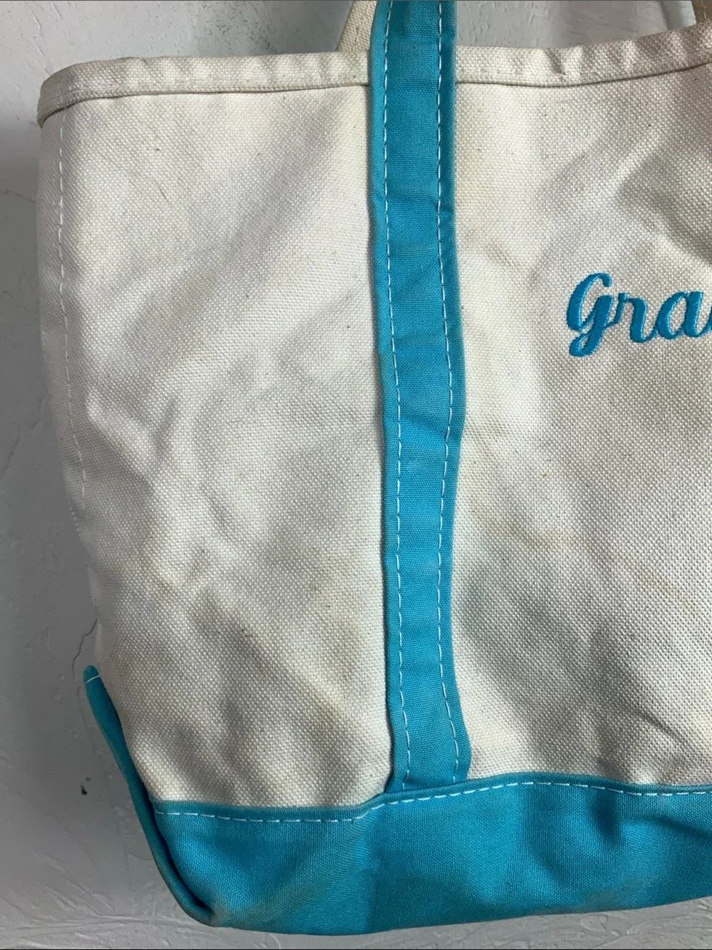 L.L. Bean Boat and Tote Canvas Bag - Teal/White - Embroidered 